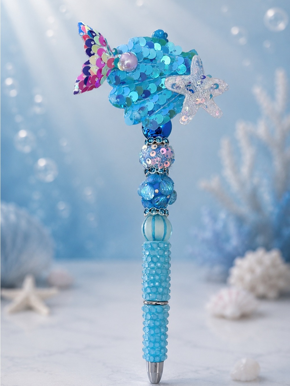 Sequin Fish Beaded Pen - Blue